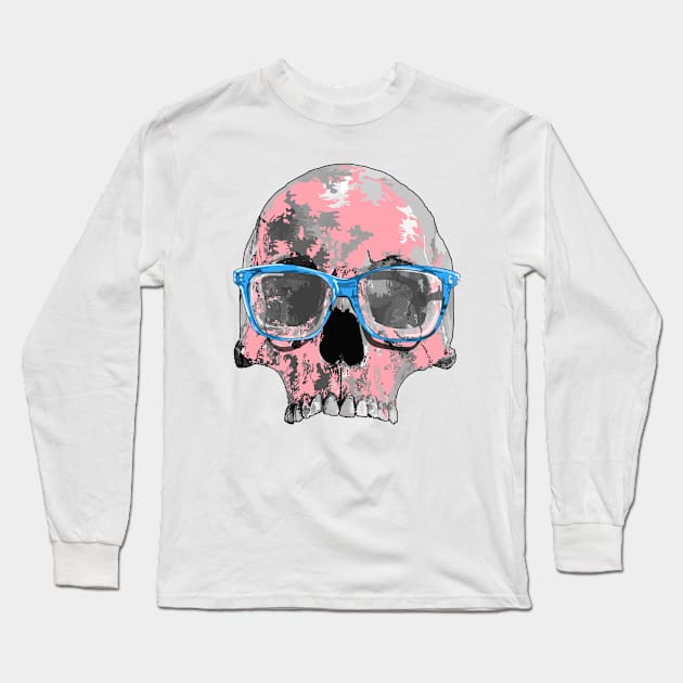 Pink skull with blue glasses Long Sleeve T-Shirt by M[ ]